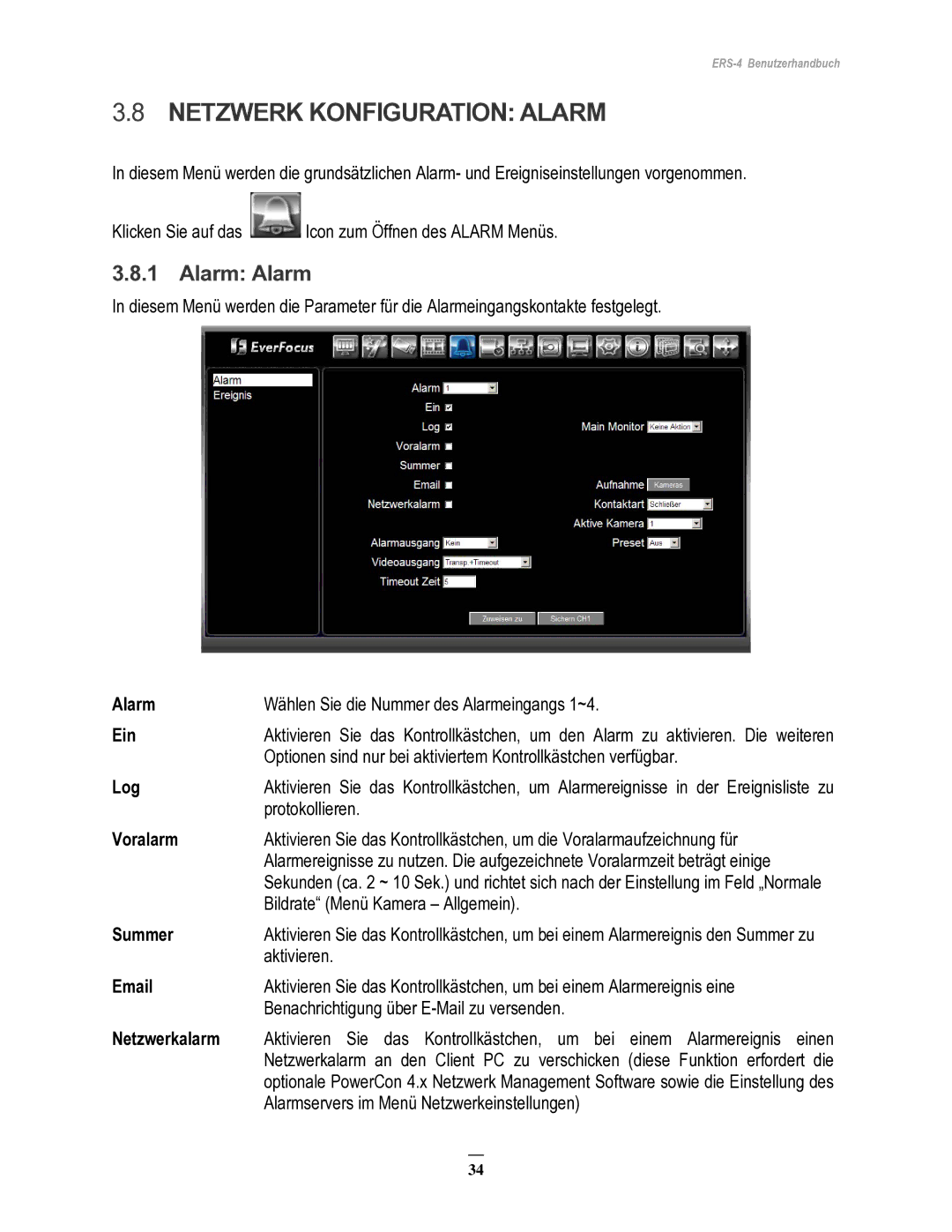 EverFocus ERS-4 manual Netzwerk Konfiguration Alarm, Alarm Alarm 