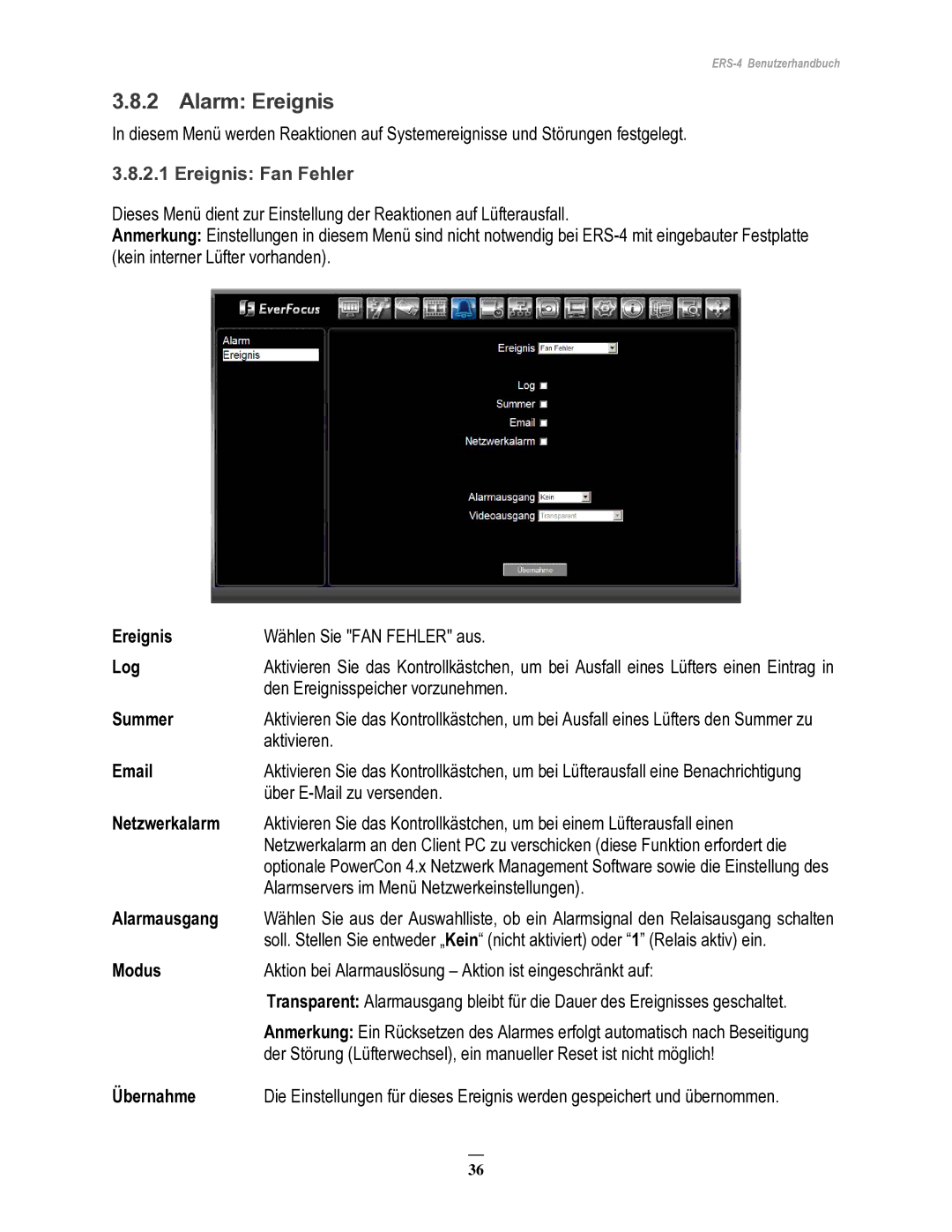 EverFocus ERS-4 manual Alarm Ereignis, Ereignis Fan Fehler, Modus 