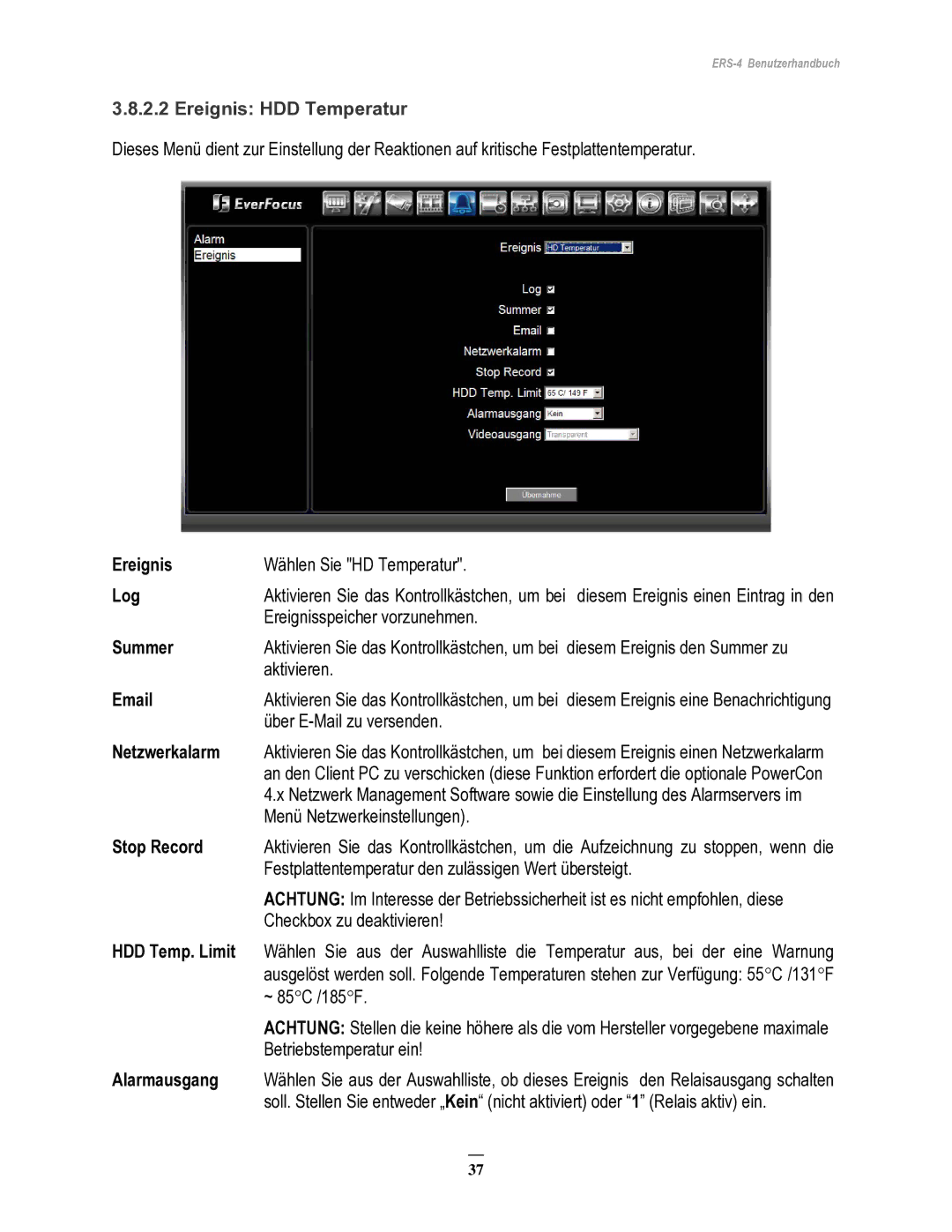 EverFocus ERS-4 manual Ereignis HDD Temperatur, Stop Record, HDD Temp. Limit 