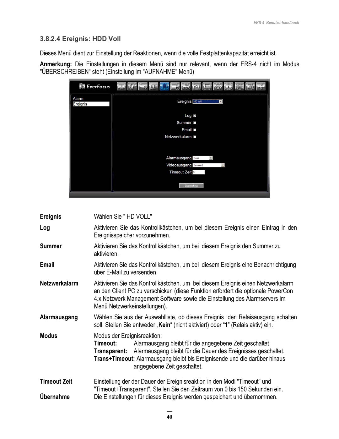 EverFocus ERS-4 manual Ereignis HDD Voll, Timeout 