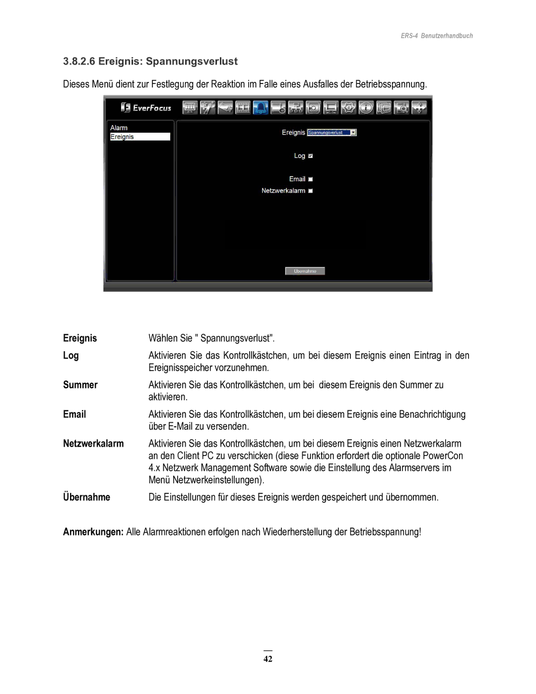 EverFocus ERS-4 manual Ereignis Spannungsverlust 