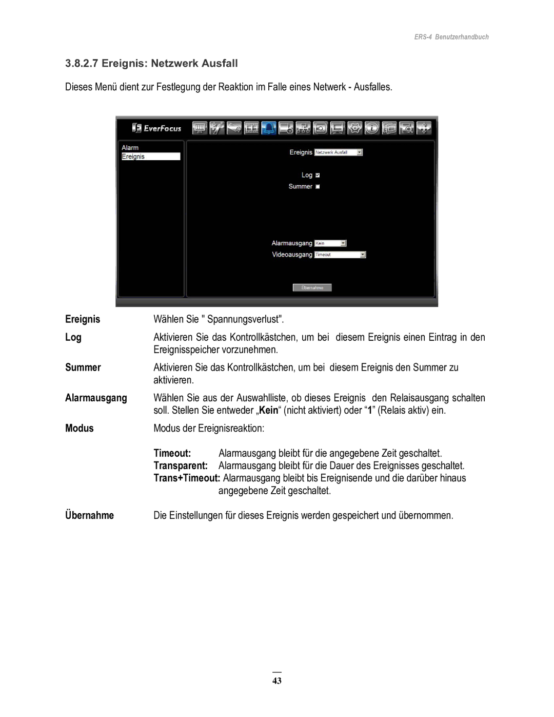 EverFocus ERS-4 manual Ereignis Netzwerk Ausfall 