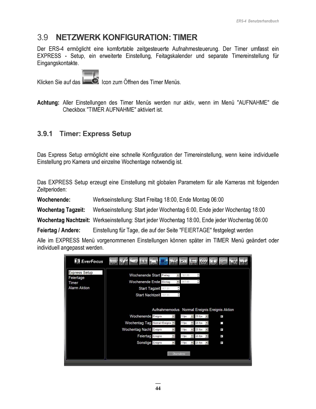 EverFocus ERS-4 manual Netzwerk Konfiguration Timer, Timer Express Setup 