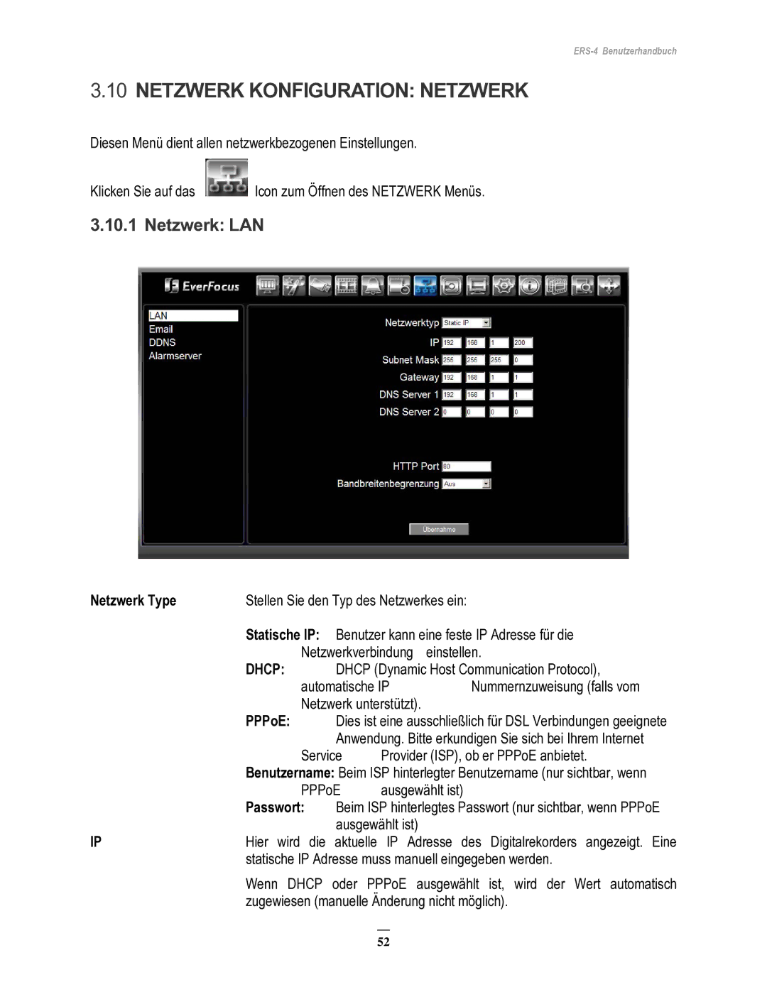 EverFocus ERS-4 manual Netzwerk Konfiguration Netzwerk, Netzwerk LAN, Netzwerk Type 