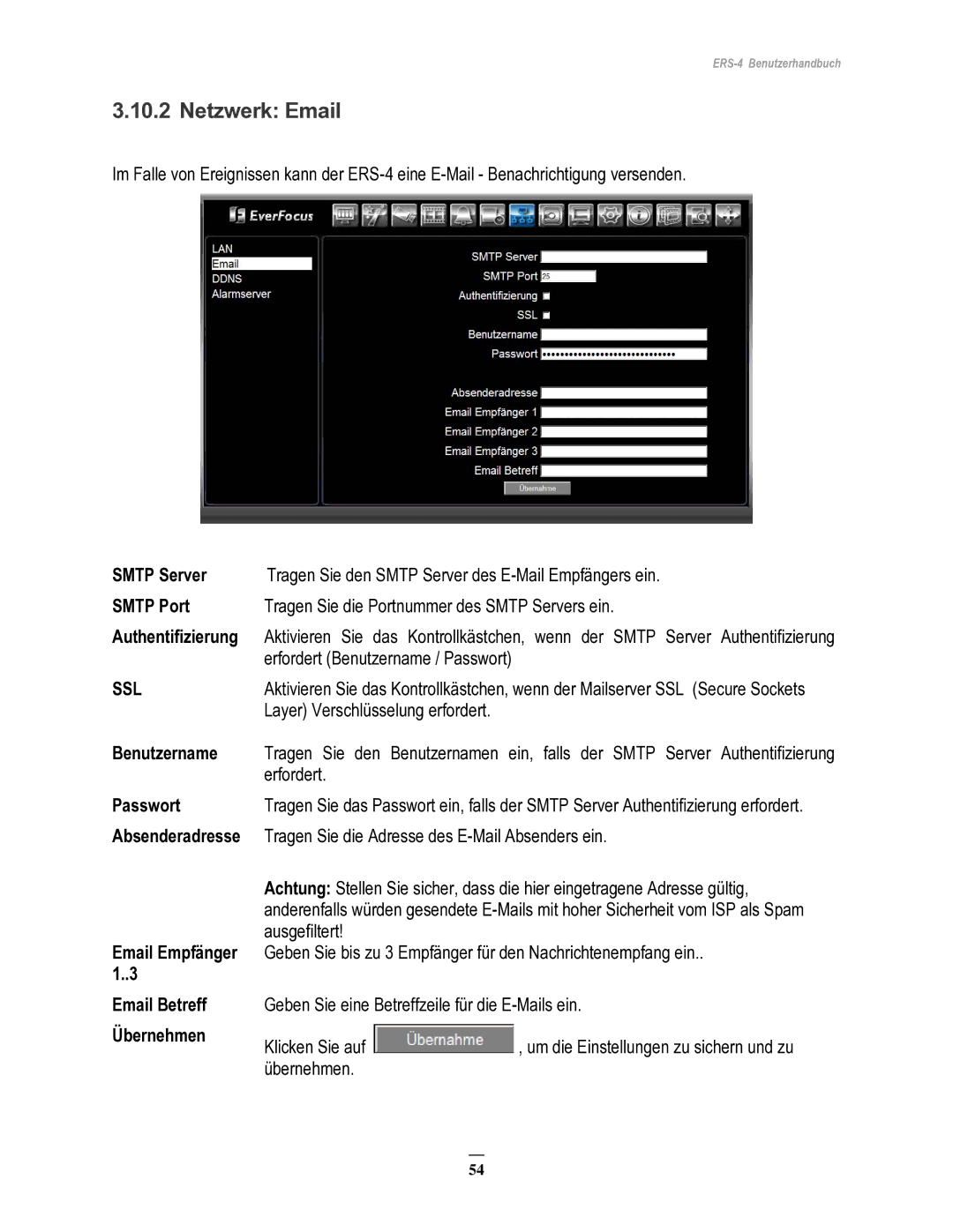 EverFocus ERS-4 manual Netzwerk Email, Smtp Server, Smtp Port, Authentifizierung 