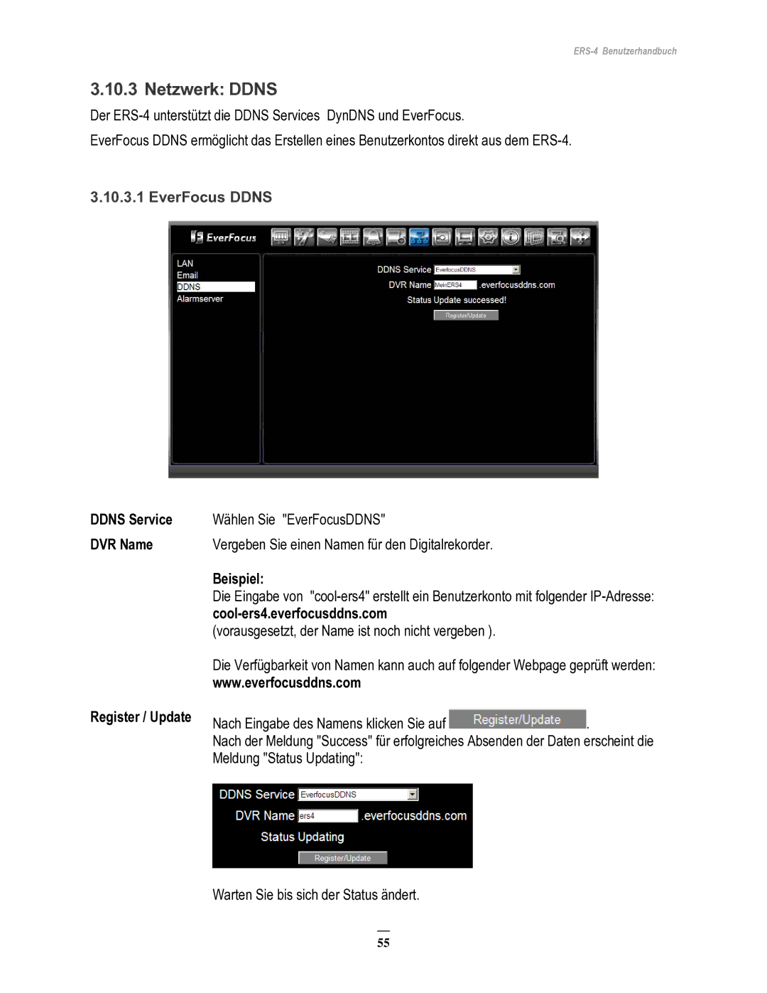 EverFocus ERS-4 manual Netzwerk Ddns, EverFocus Ddns, Ddns Service DVR Name Register / Update, Beispiel 