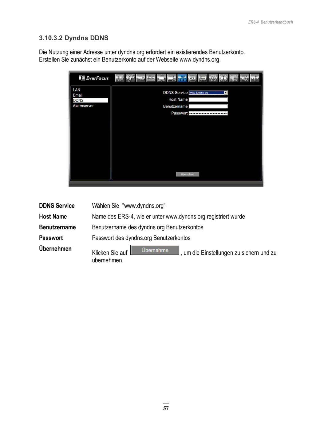 EverFocus ERS-4 manual Dyndns Ddns, Ddns Service Host Name Benutzername 