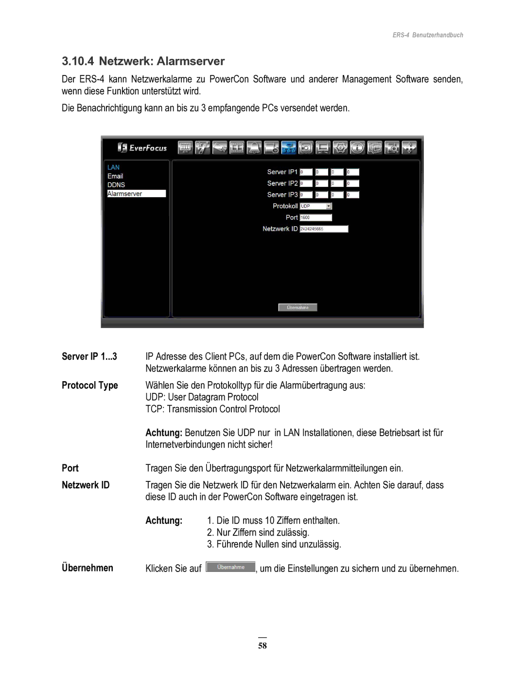 EverFocus ERS-4 manual Netzwerk Alarmserver, Server IP, Protocol Type, Port, Netzwerk ID 