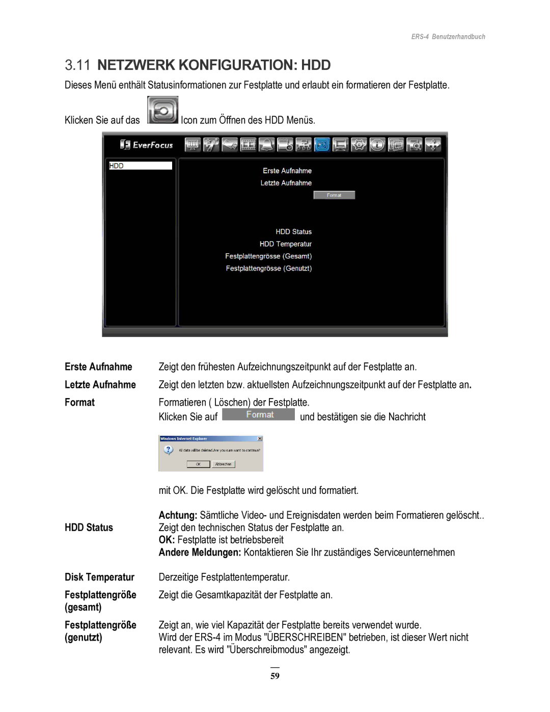 EverFocus ERS-4 manual Netzwerk Konfiguration HDD, Erste Aufnahme, Letzte Aufnahme, Format, Gesamt 