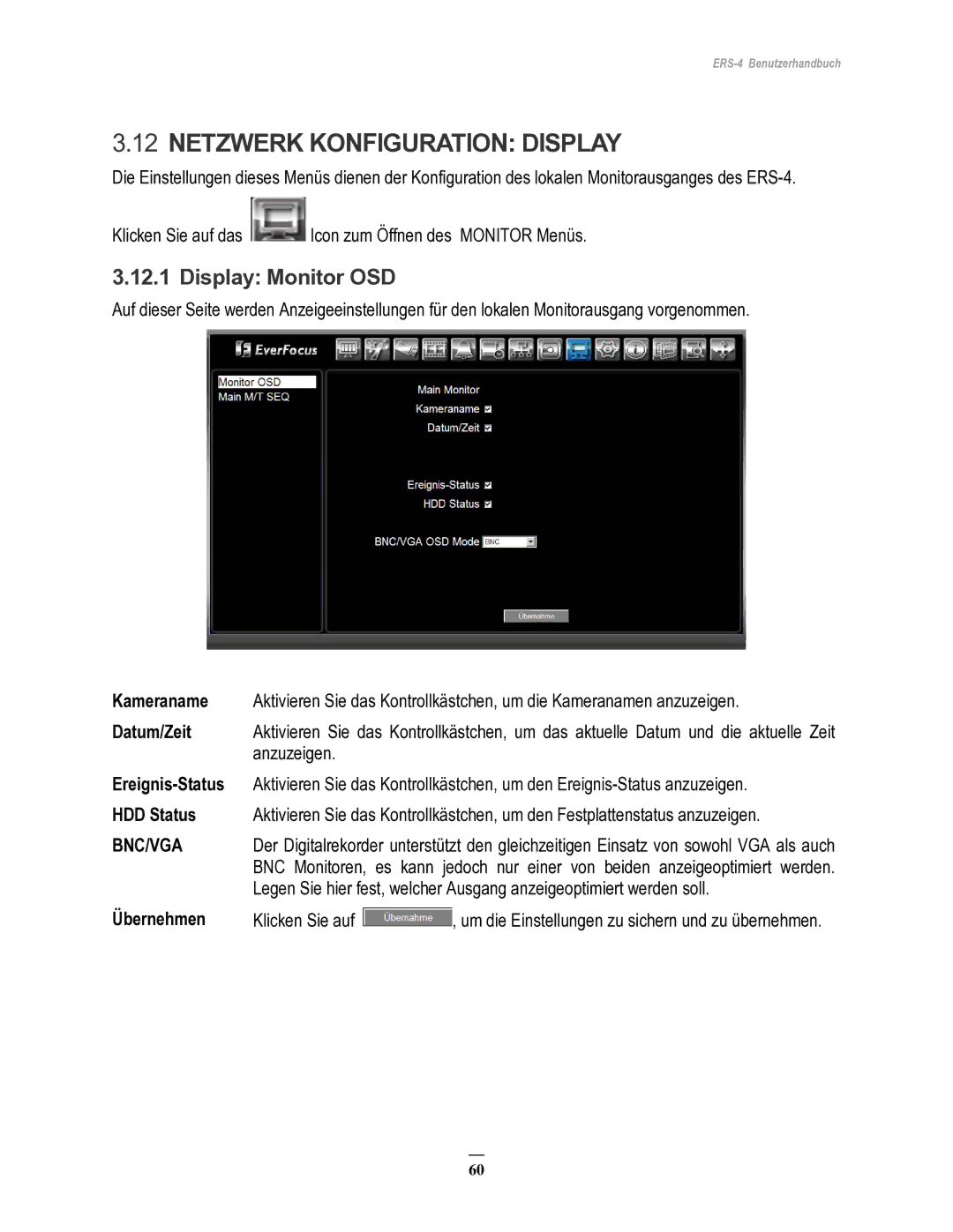 EverFocus ERS-4 manual Netzwerk Konfiguration Display, Display Monitor OSD 