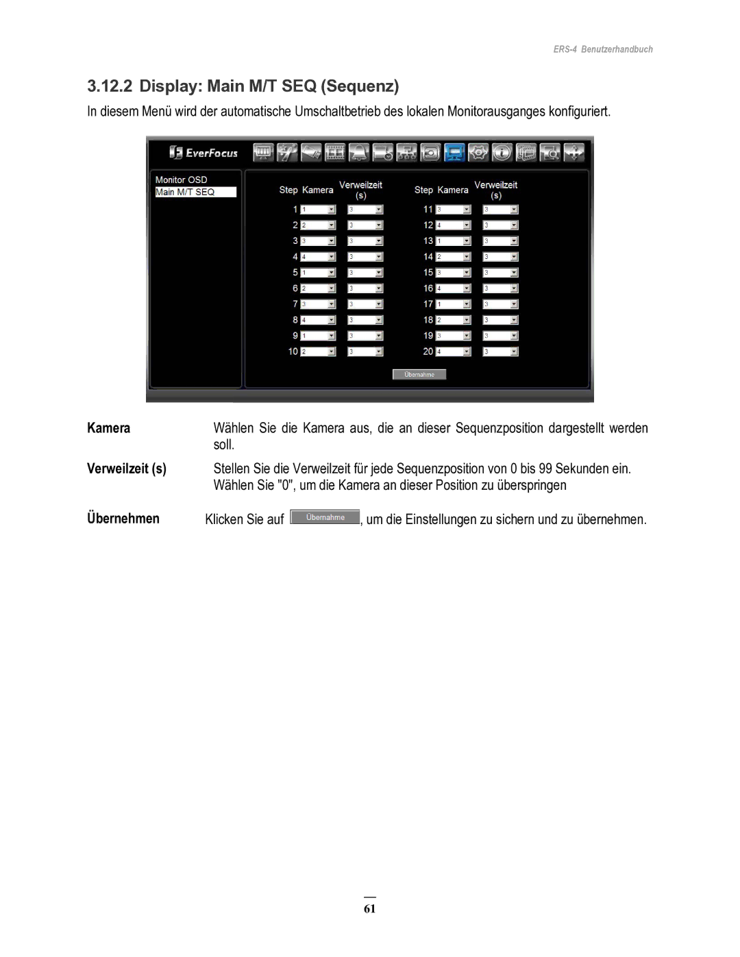 EverFocus ERS-4 manual Display Main M/T SEQ Sequenz, Verweilzeit s 