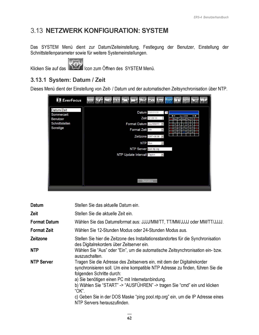 EverFocus ERS-4 manual Netzwerk Konfiguration System, System Datum / Zeit 