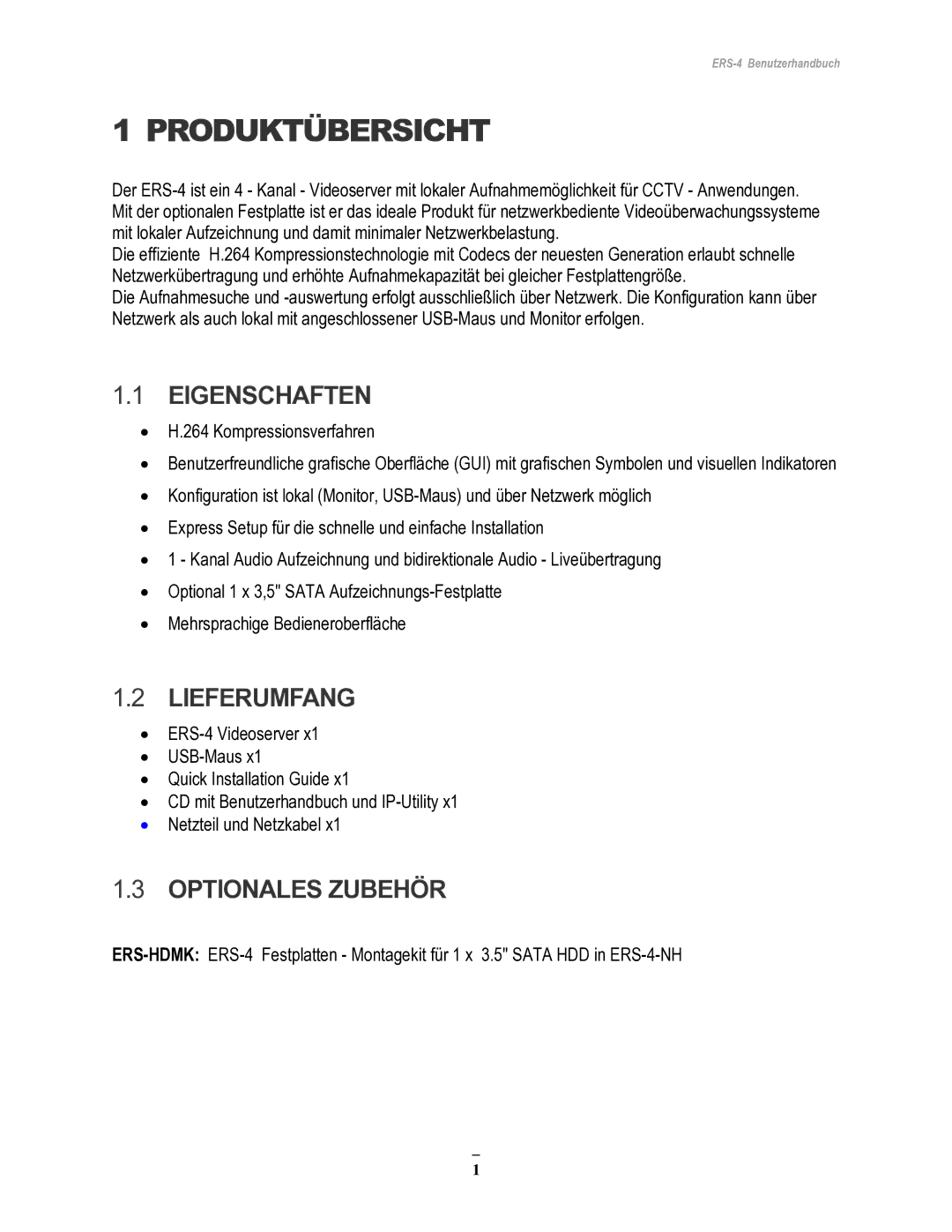 EverFocus ERS-4 manual Eigenschaften, Lieferumfang, Optionales Zubehör 