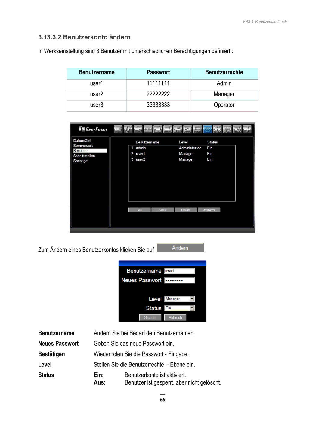 EverFocus ERS-4 manual Benutzerkonto ändern, Benutzername Passwort Benutzerrechte 