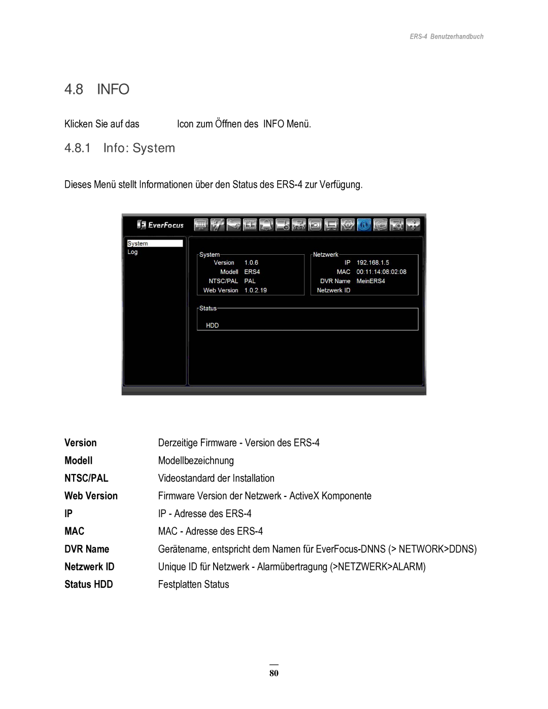 EverFocus ERS-4 manual Info System 