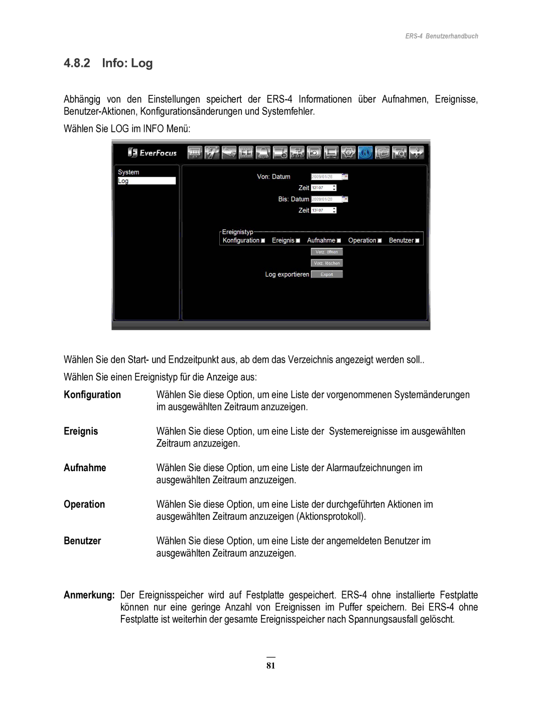 EverFocus ERS-4 manual Info Log, Konfiguration, Aufnahme, Operation, Benutzer 