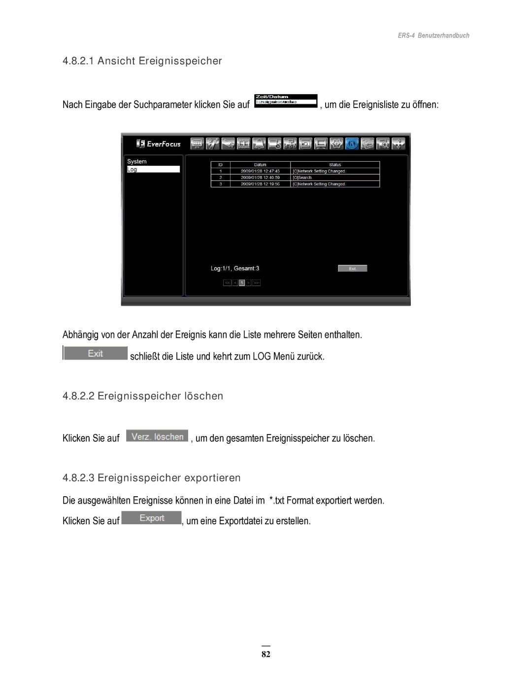 EverFocus ERS-4 manual Ansicht Ereignisspeicher, Ereignisspeicher löschen, Ereignisspeicher exportieren 