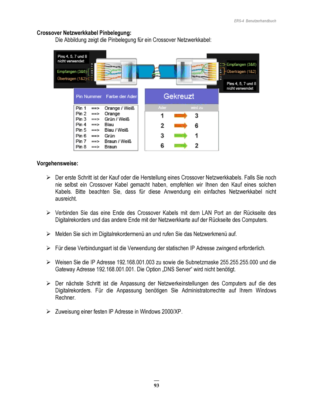 EverFocus ERS-4 manual Crossover Netzwerkkabel Pinbelegung, Vorgehensweise 