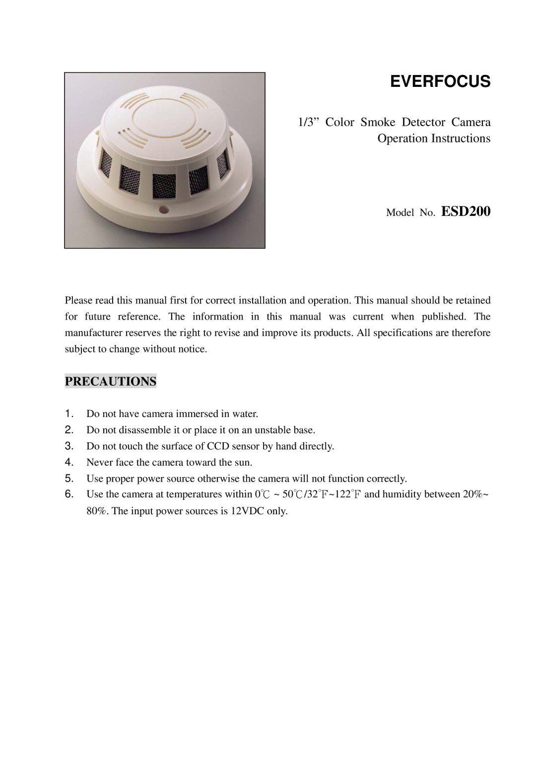 EverFocus Esd200 specifications Everfocus, Precautions 