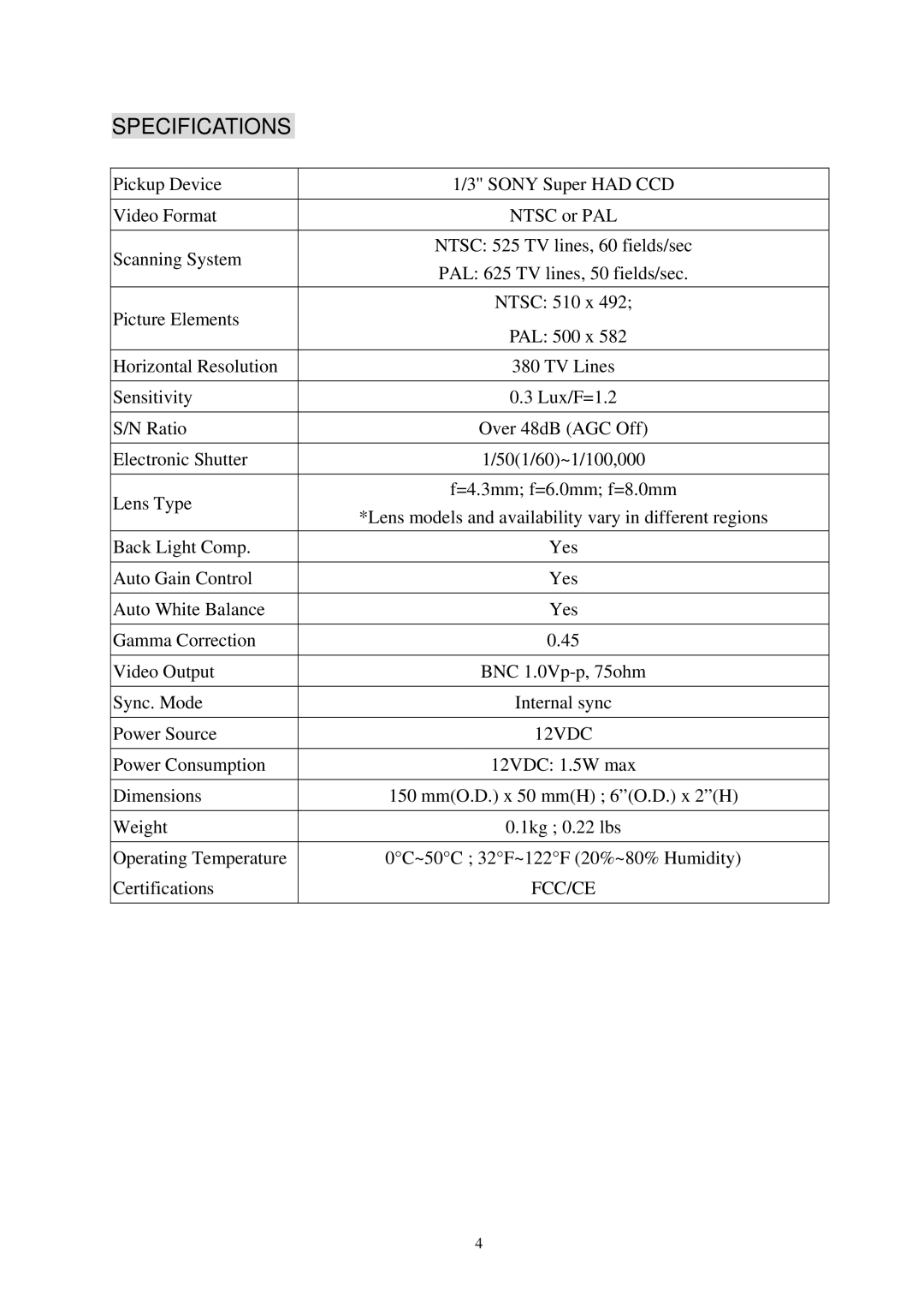 EverFocus Esd200 specifications Specifications, 12VDC, Fcc/Ce 