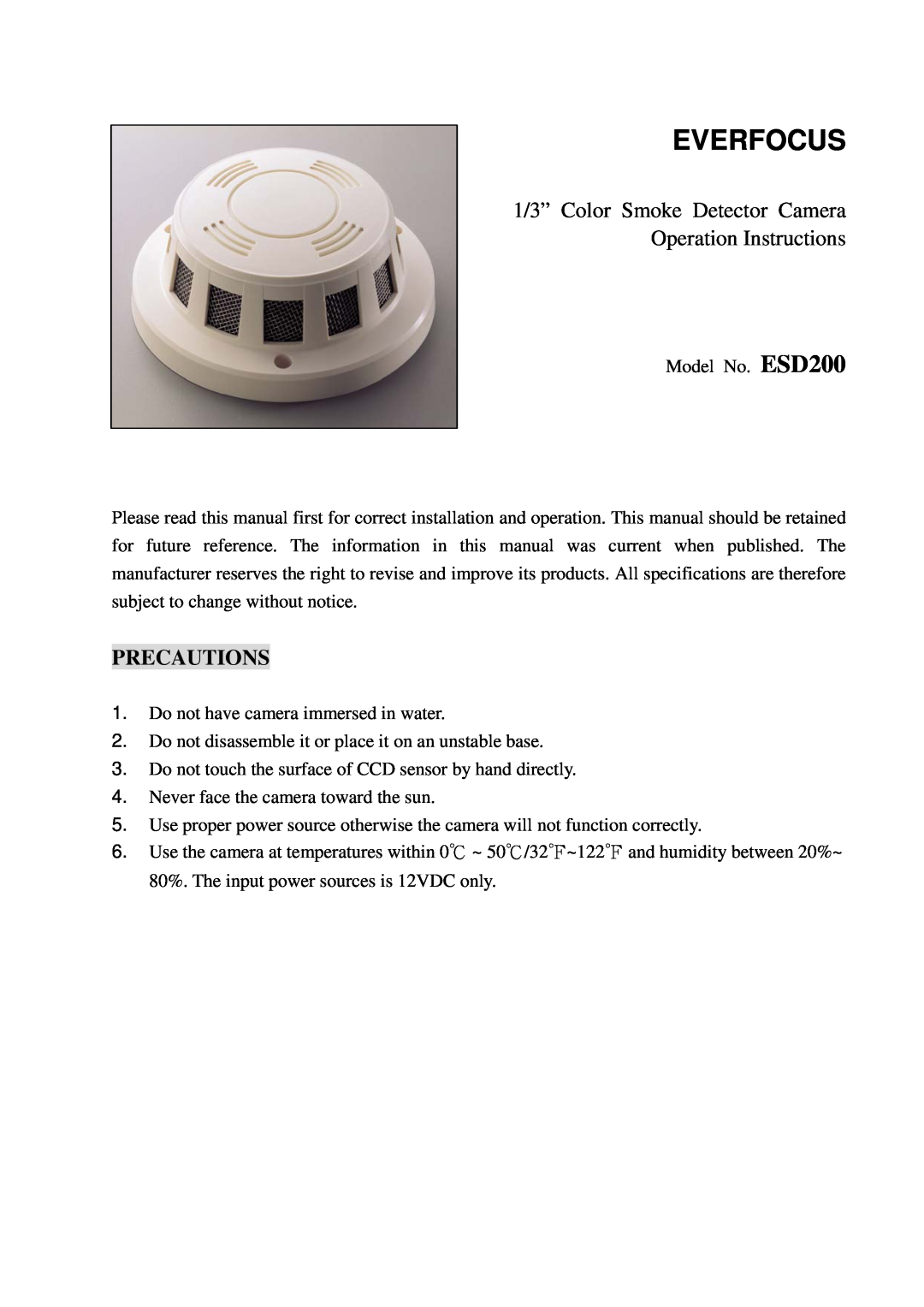 EverFocus Esd200 specifications Precautions, Everfocus, 1/3” Color Smoke Detector Camera, Operation Instructions 