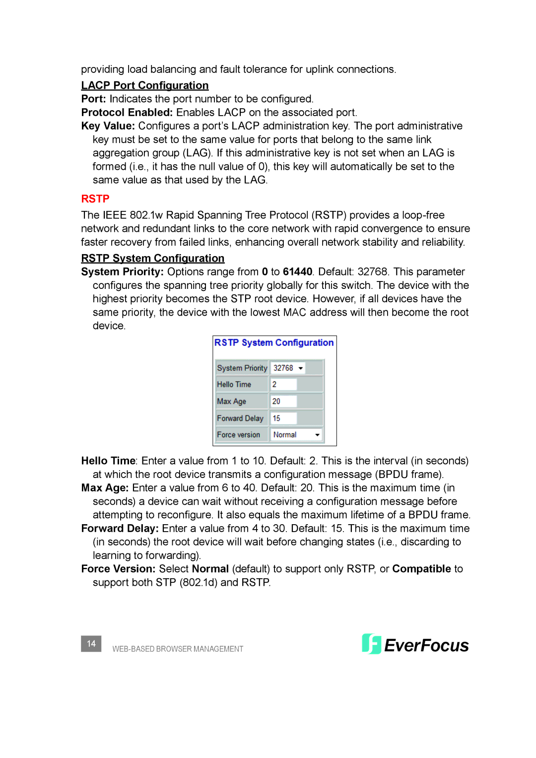 EverFocus ESM308T000D user manual Lacp Port Configuration, Rstp System Configuration 