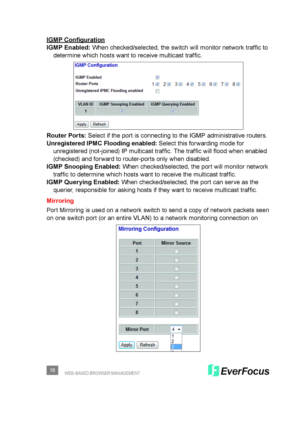 EverFocus ESM308T000D user manual Igmp Configuration, Mirroring 