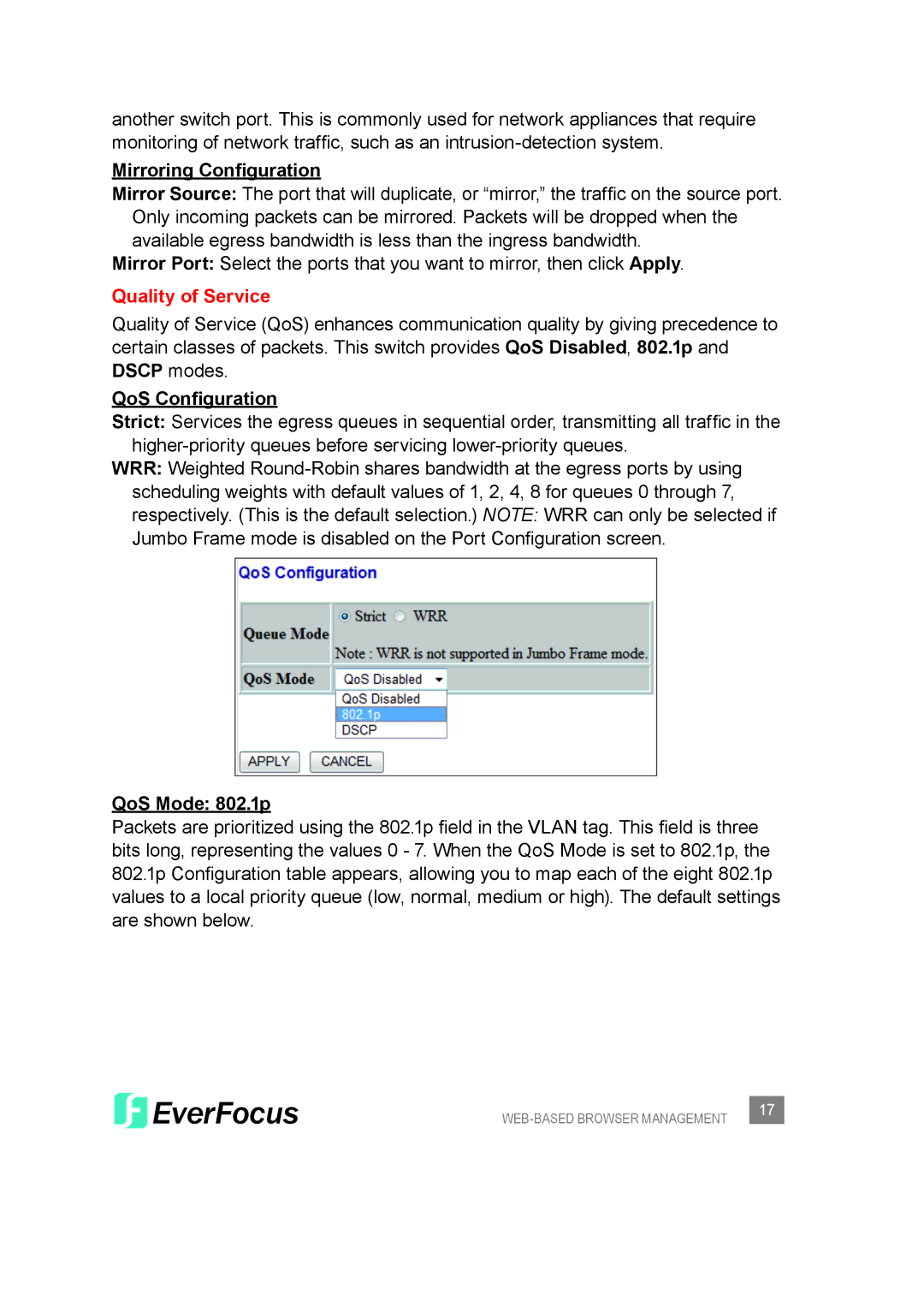 EverFocus ESM308T000D user manual Mirroring Configuration, Quality of Service, QoS Configuration, QoS Mode 802.1p 