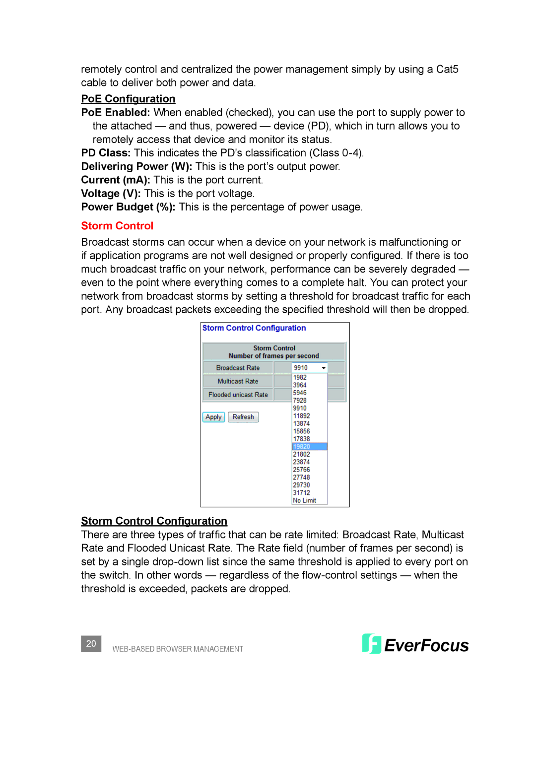 EverFocus ESM308T000D user manual PoE Configuration, Storm Control Configuration 