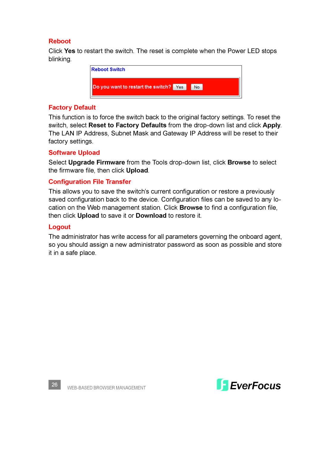 EverFocus ESM308T000D user manual Reboot, Factory Default, Software Upload, Configuration File Transfer, Logout 