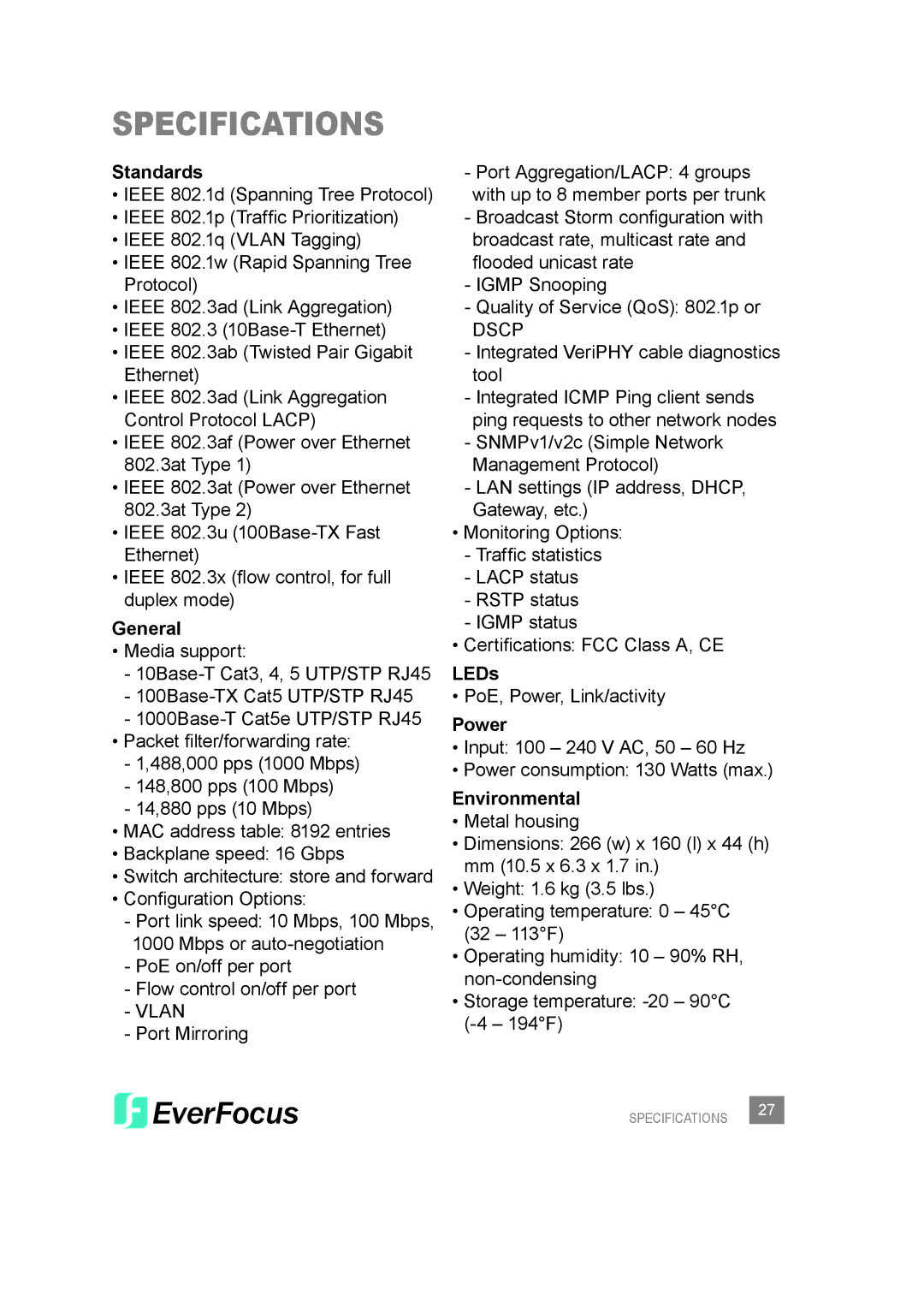 EverFocus ESM308T000D user manual Specifications 