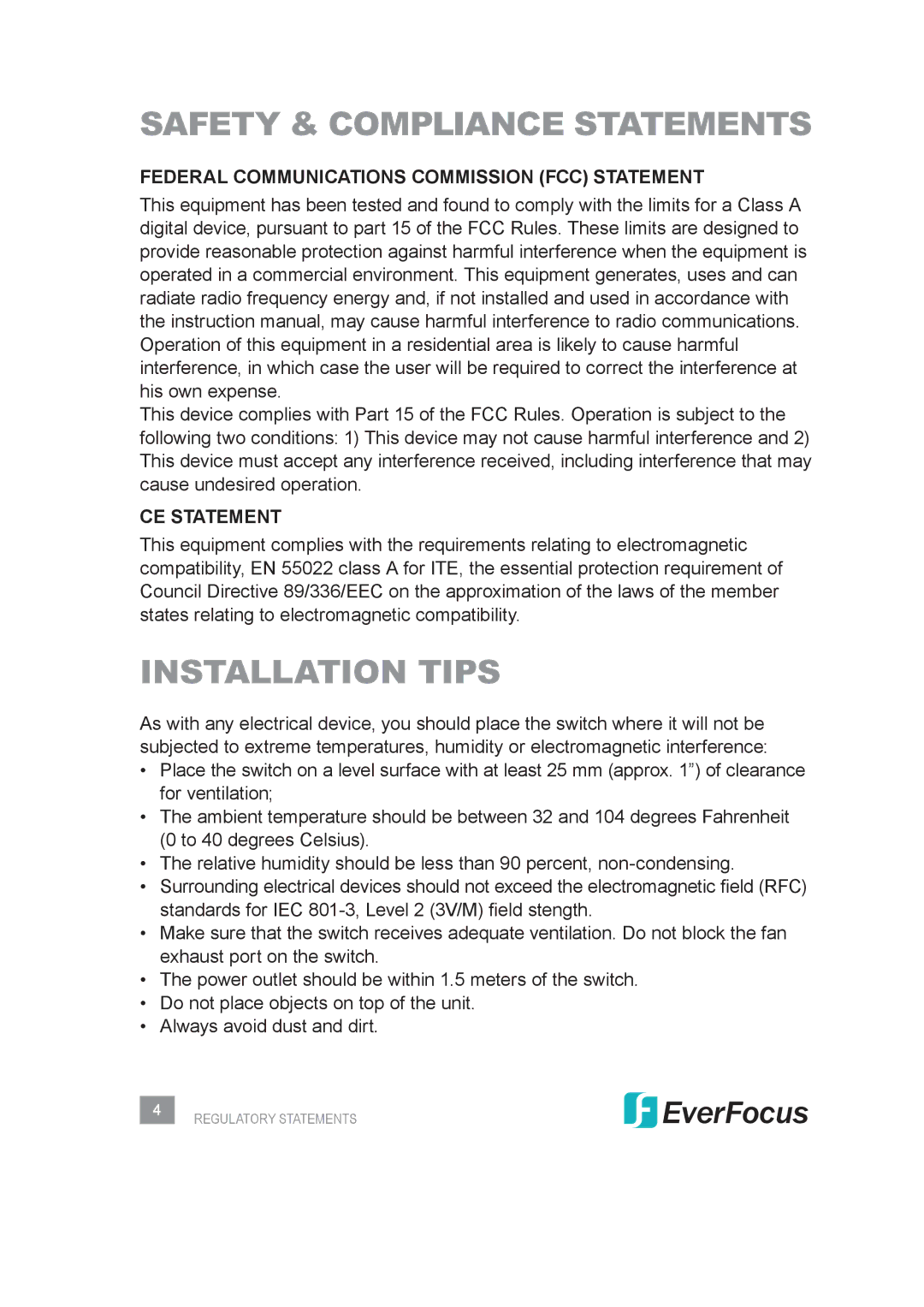 EverFocus ESM308T000D user manual Safety & Compliance Statements, Installation Tips 