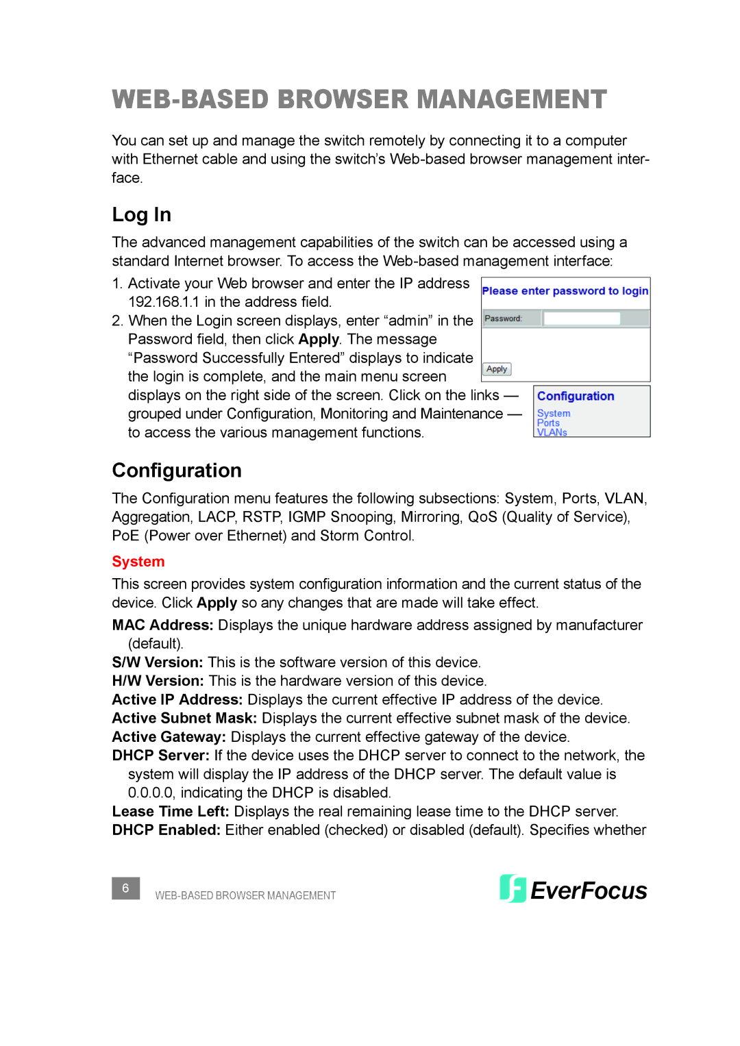 EverFocus ESM308T000D user manual WEB-BASED Browser Management, System 