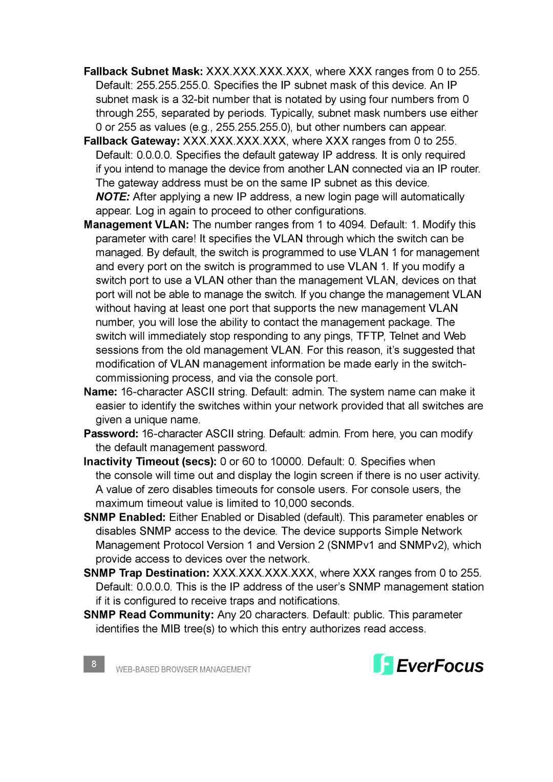 EverFocus ESM308T000D user manual WEB-BASED Browser Management 