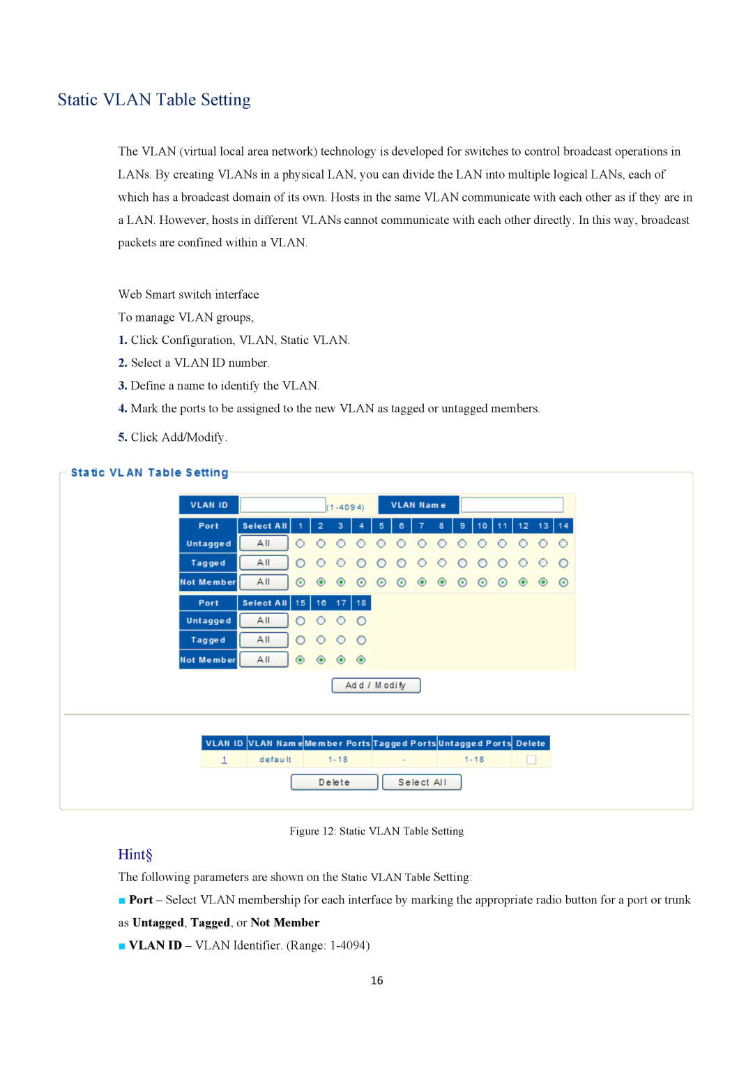 EverFocus ESM316T002R user manual Static Vlan Table Setting 