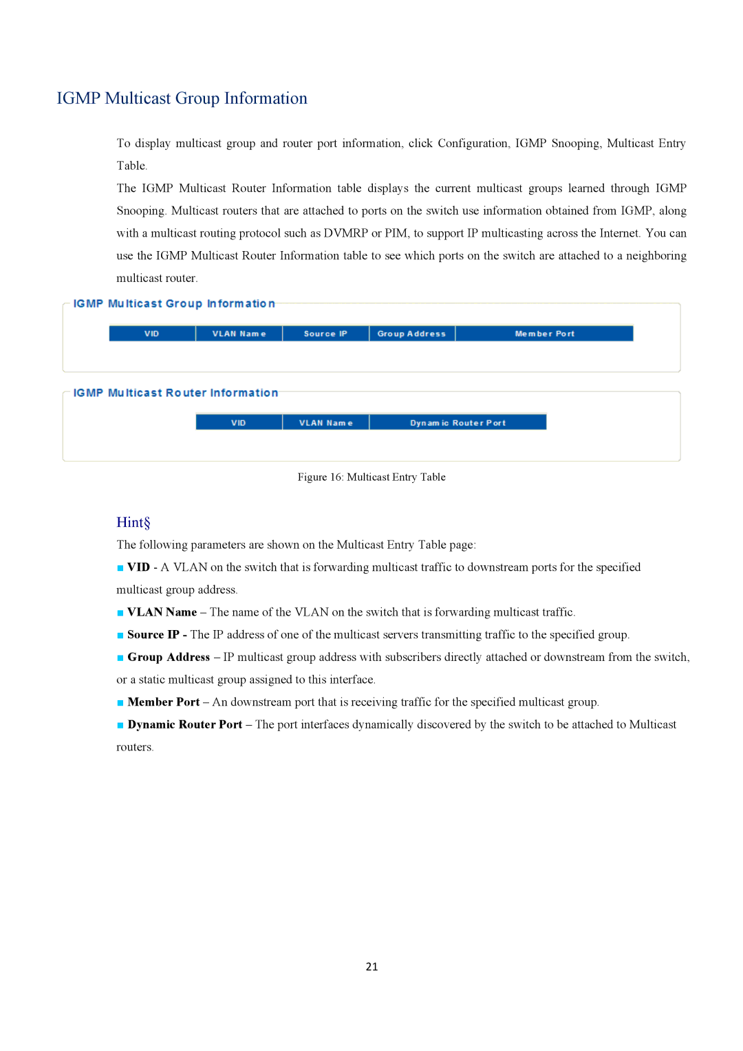 EverFocus ESM316T002R user manual Igmp Multicast Group Information, Multicast Entry Table 