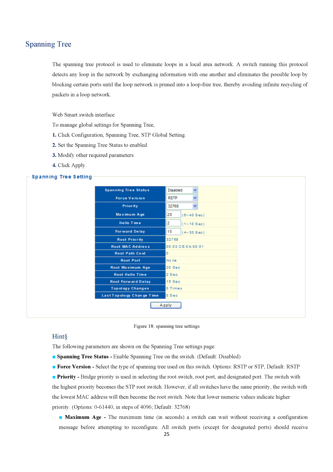 EverFocus ESM316T002R user manual Spanning Tree, Spanning tree settings 