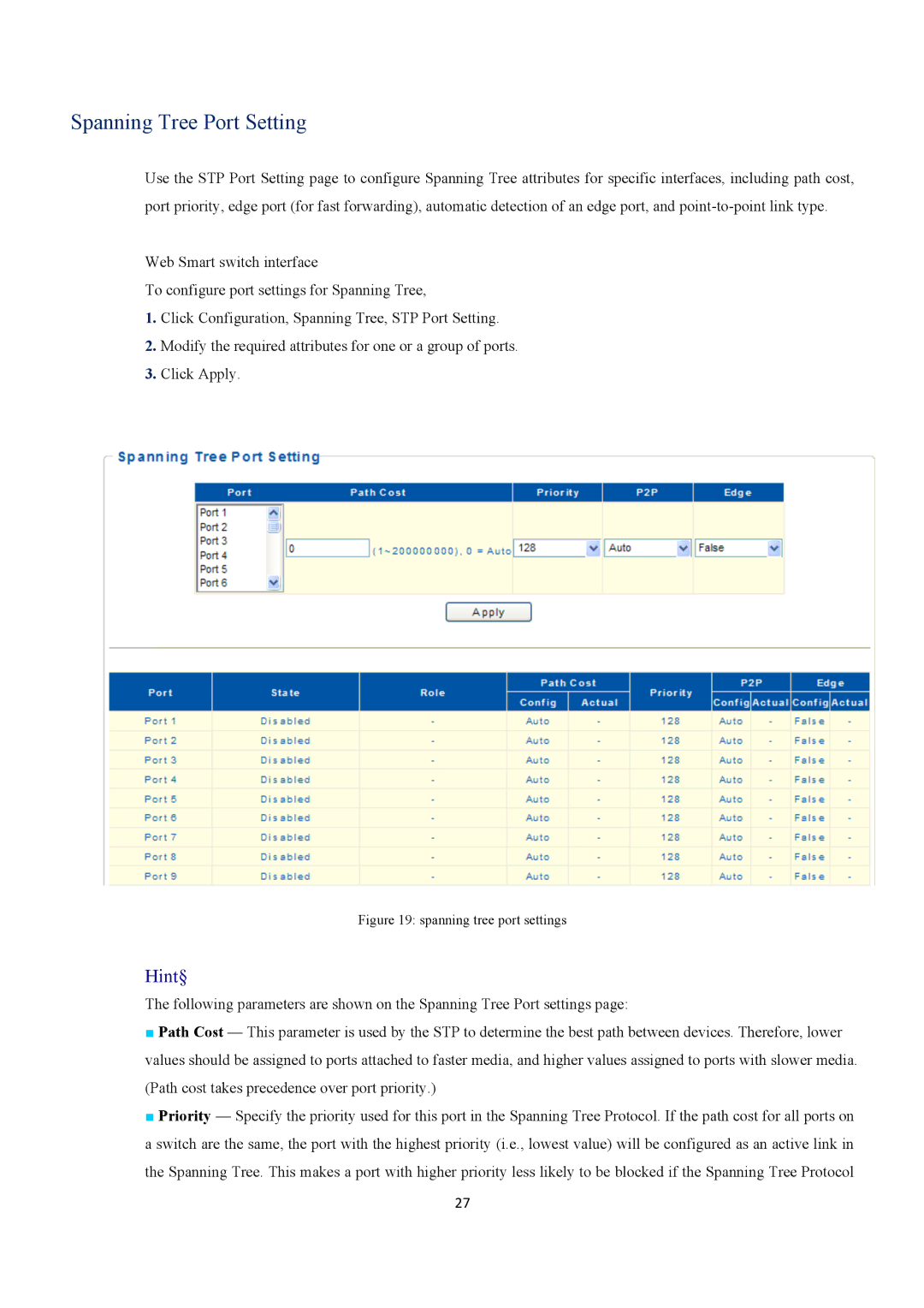 EverFocus ESM316T002R user manual Spanning Tree Port Setting, Spanning tree port settings 