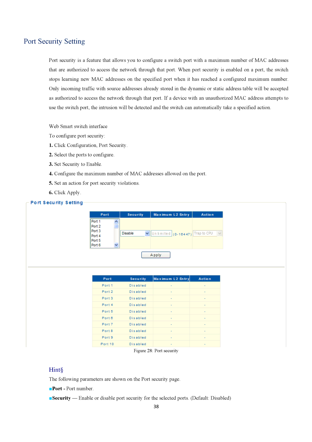 EverFocus ESM316T002R user manual Port Security Setting, Port security 