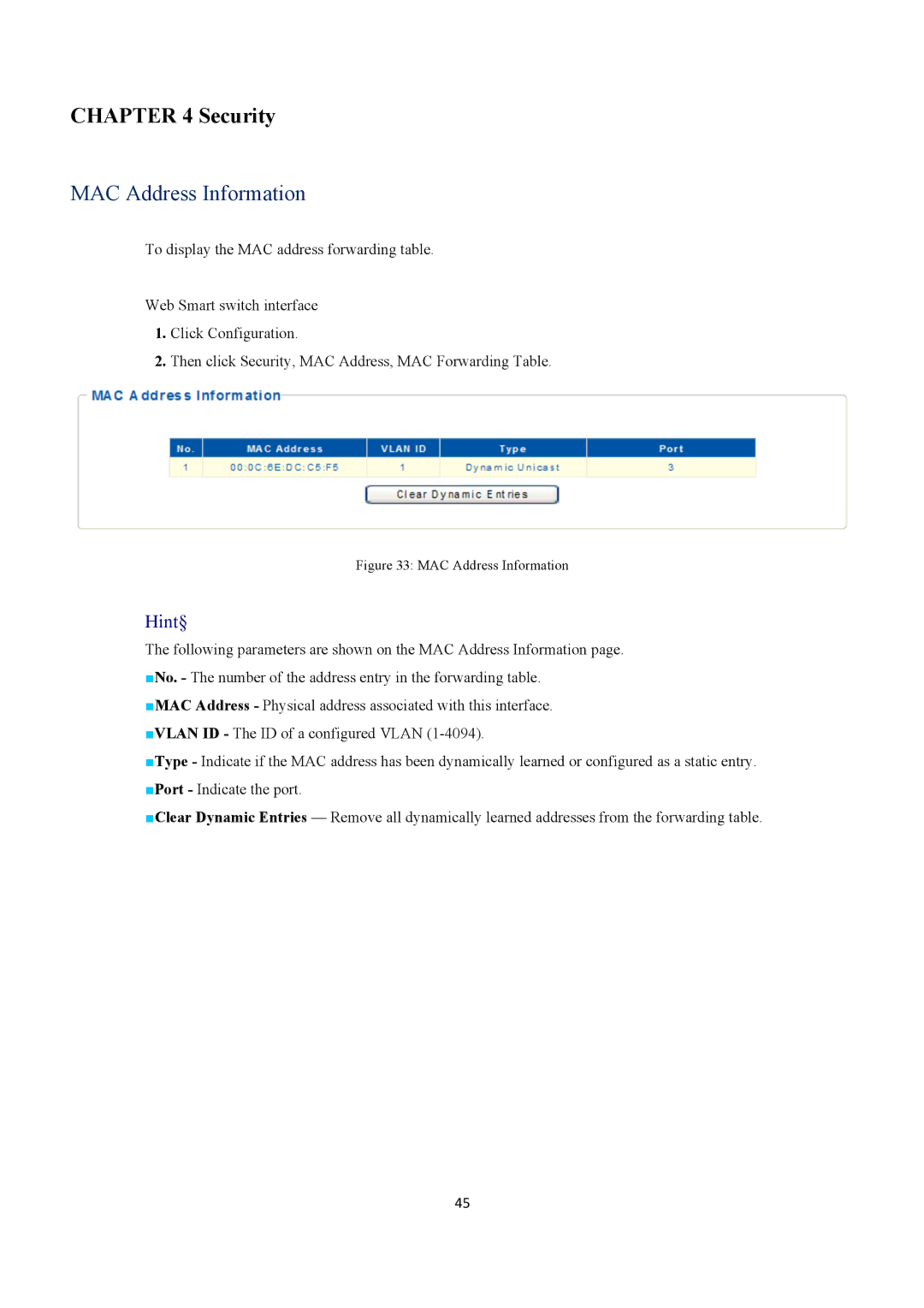 EverFocus ESM316T002R user manual Security, MAC Address Information 