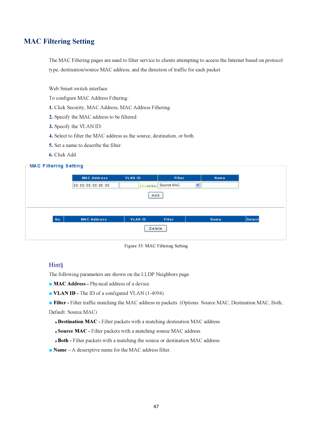 EverFocus ESM316T002R user manual MAC Filtering Setting 