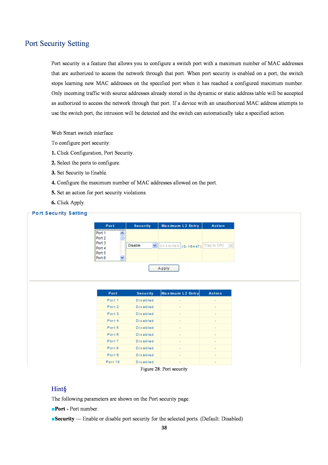 EverFocus ESM316T002R user manual Port Security Setting, Hint§ 