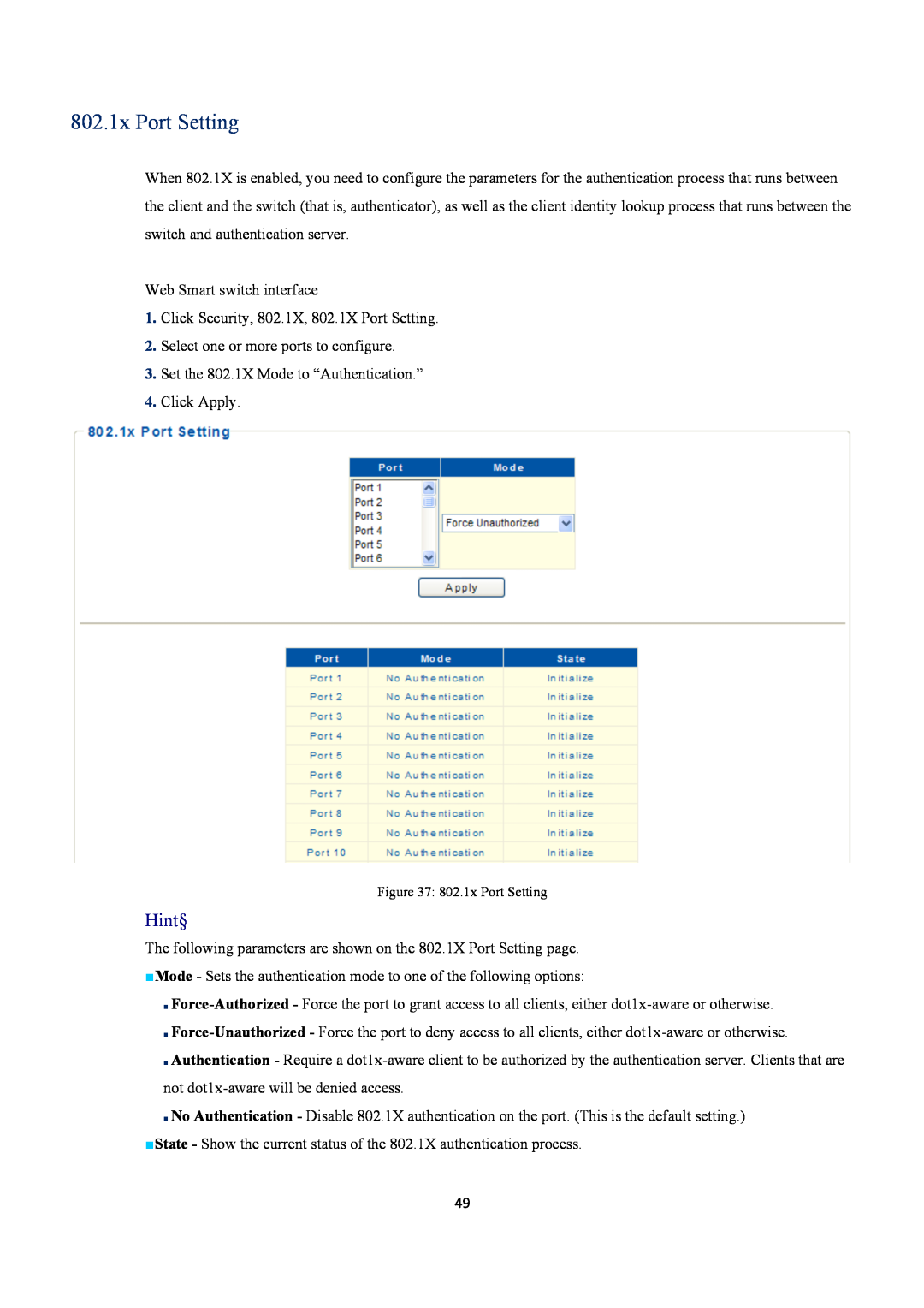 EverFocus ESM316T002R user manual 802.1x Port Setting, Hint§ 