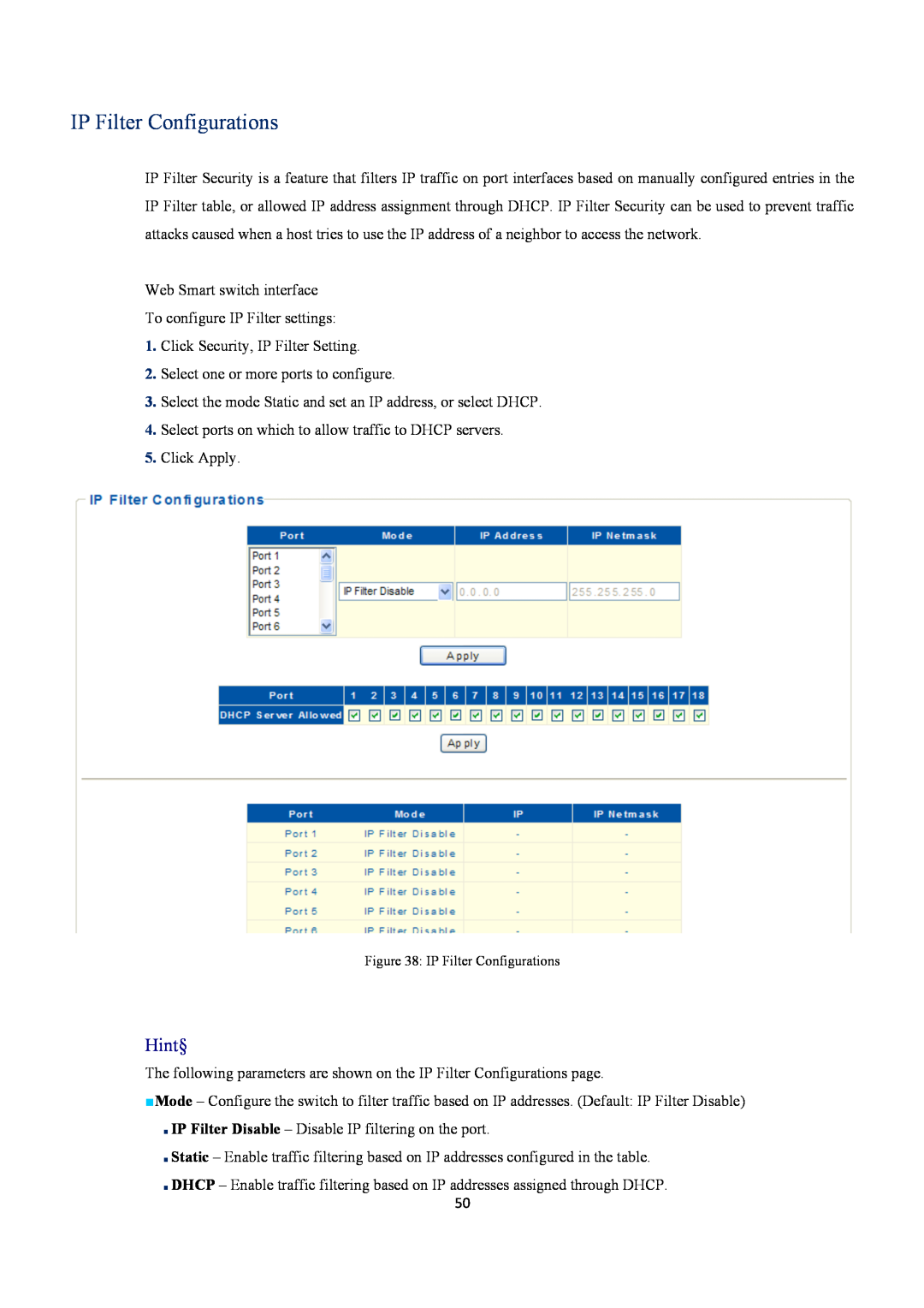 EverFocus ESM316T002R user manual IP Filter Configurations, Hint§ 