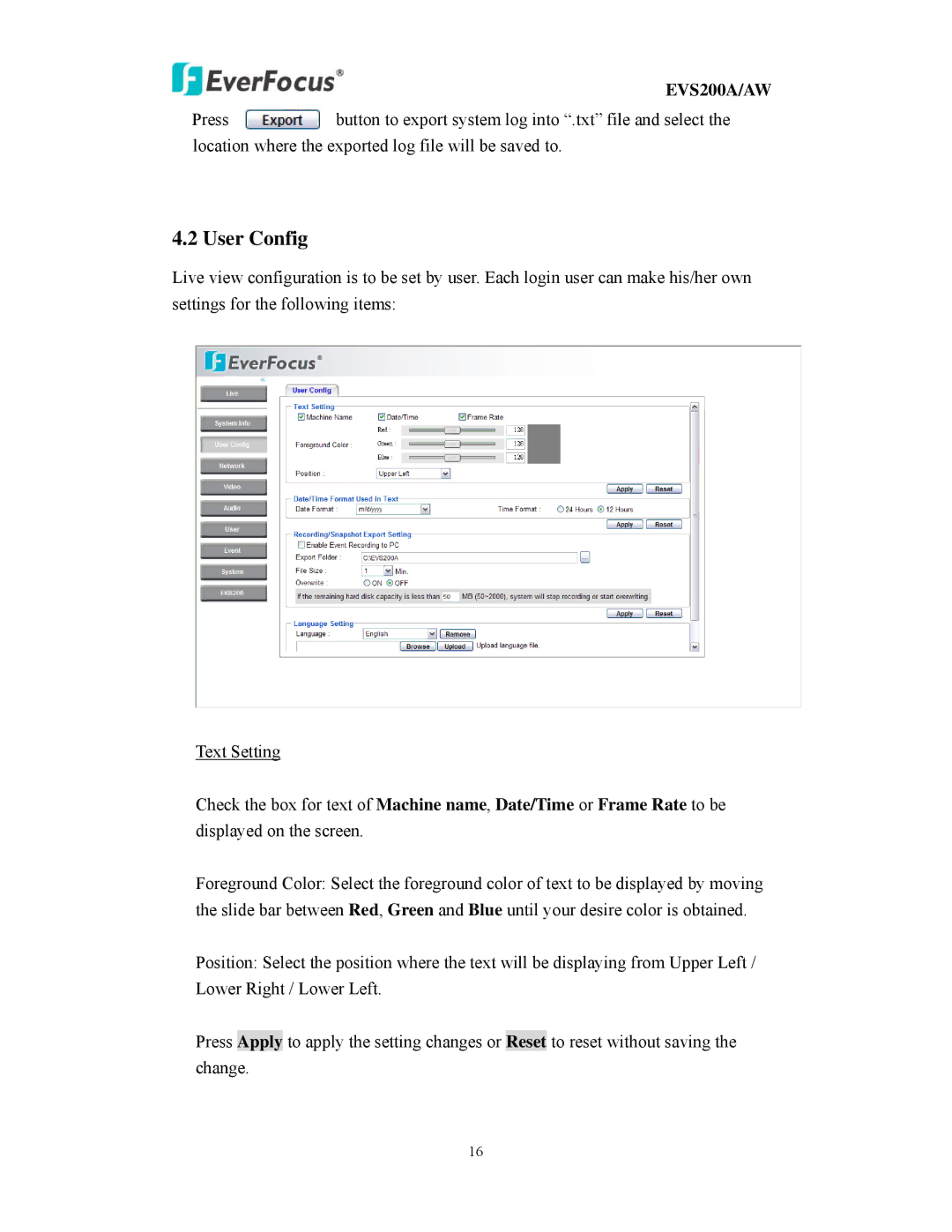 EverFocus EVS200A/AW user manual User Config 