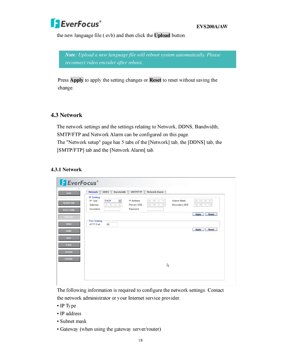 EverFocus EVS200A/AW user manual Network 