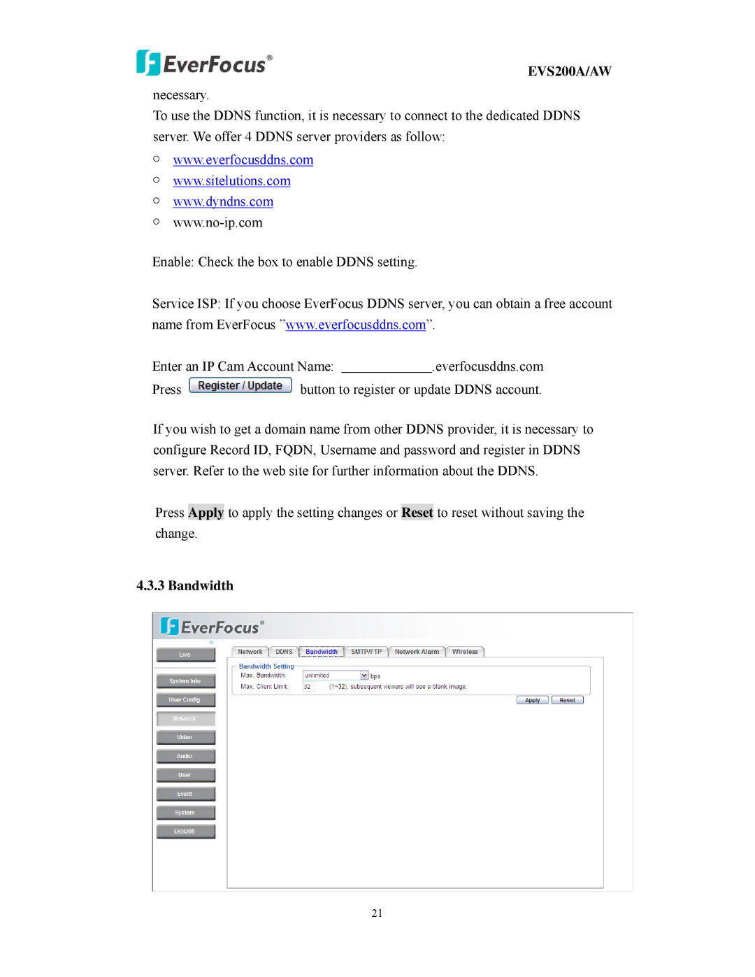 EverFocus EVS200A/AW user manual Bandwidth 