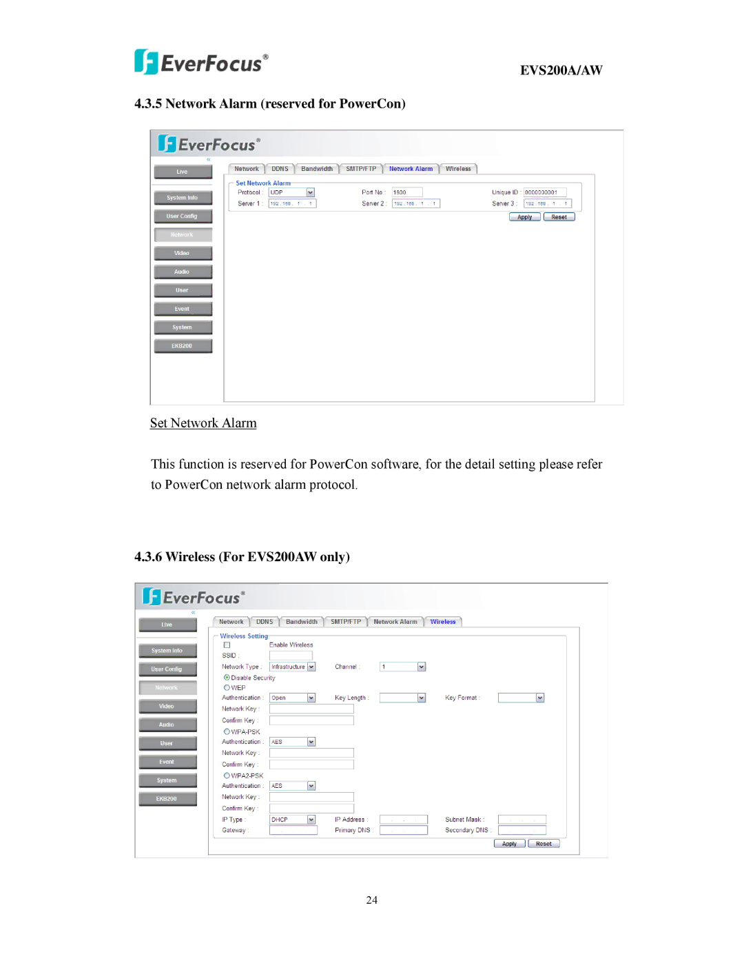 EverFocus EVS200A/AW user manual Network Alarm reserved for PowerCon, Wireless For EVS200AW only 