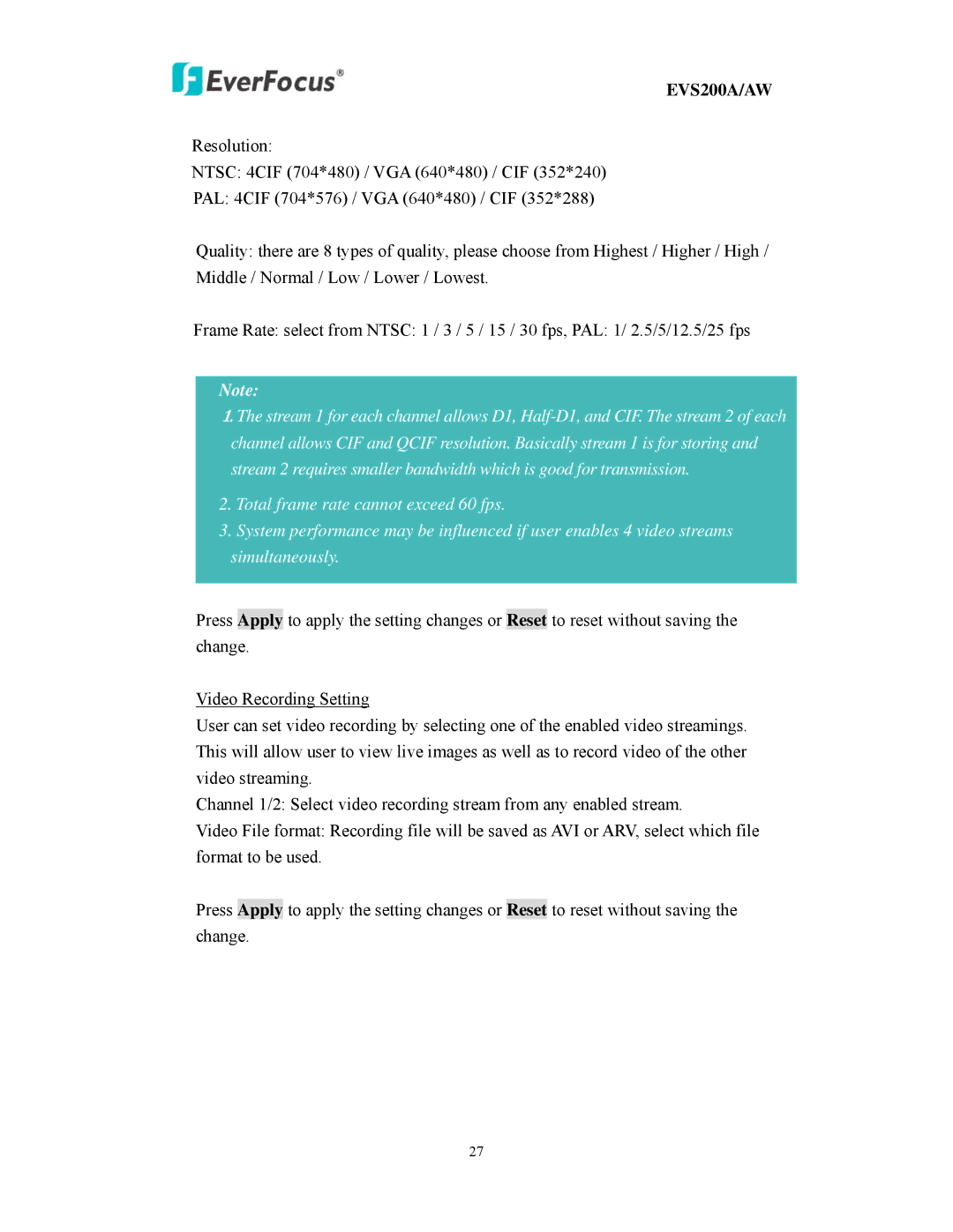 EverFocus EVS200A/AW user manual 