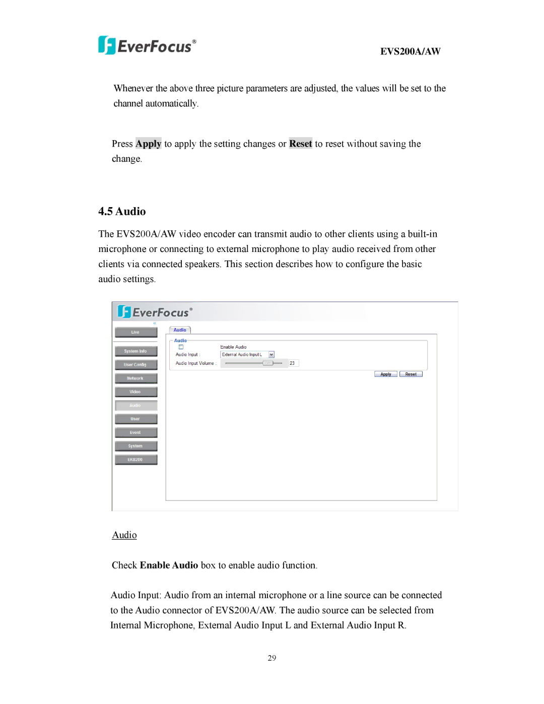 EverFocus EVS200A/AW user manual Audio 